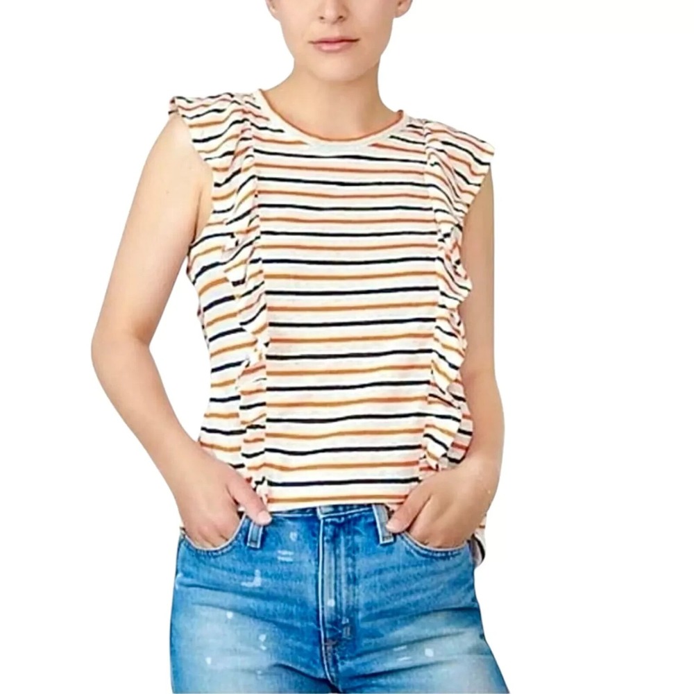 J Crew Knit Goods Ruffle Flutter Stripe Linen T-shirt Tee Top S 2 4 Orange Navy